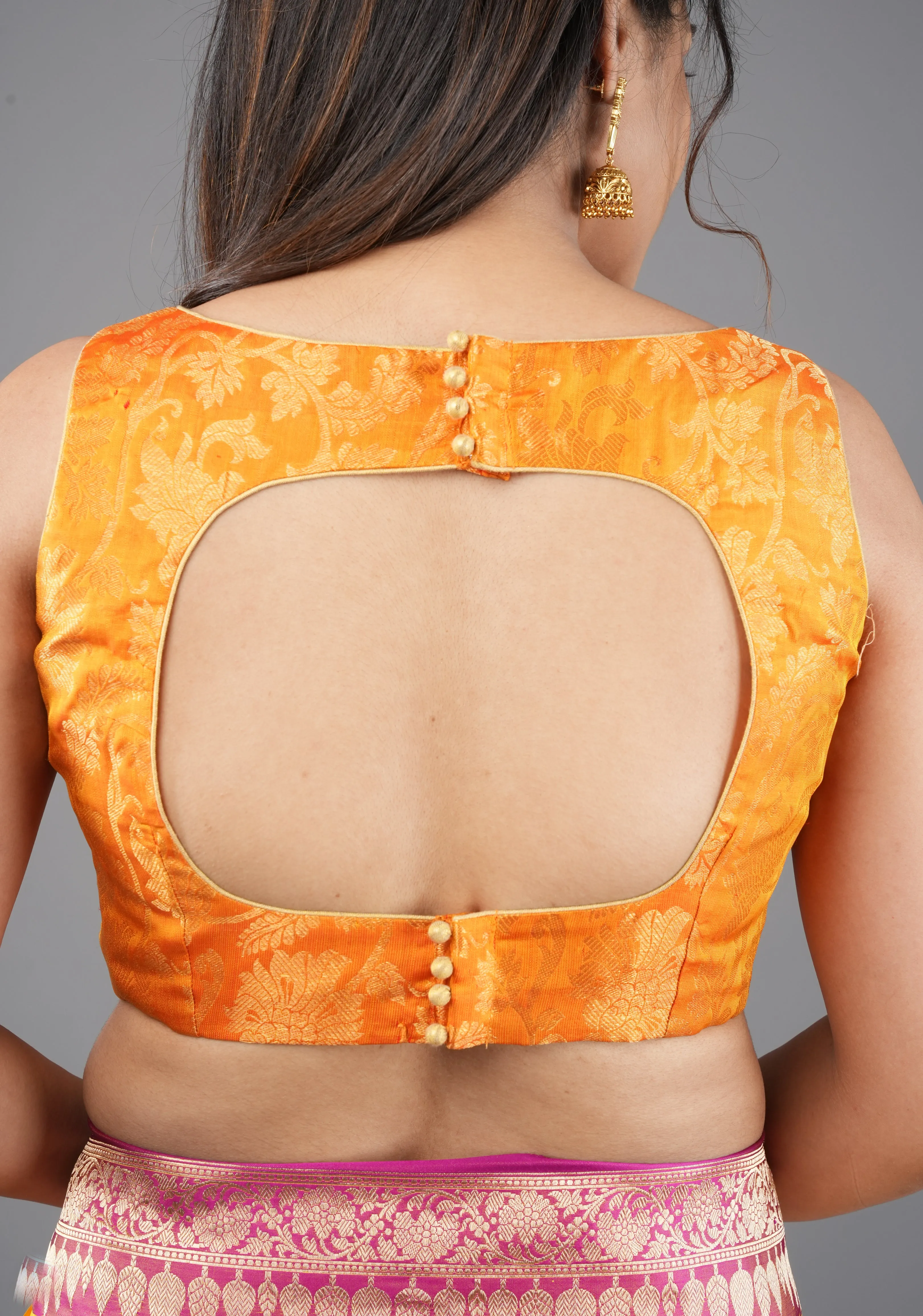 Orange Kanjivaram floral brocade sleeveless blouse, Customizable, Made to order