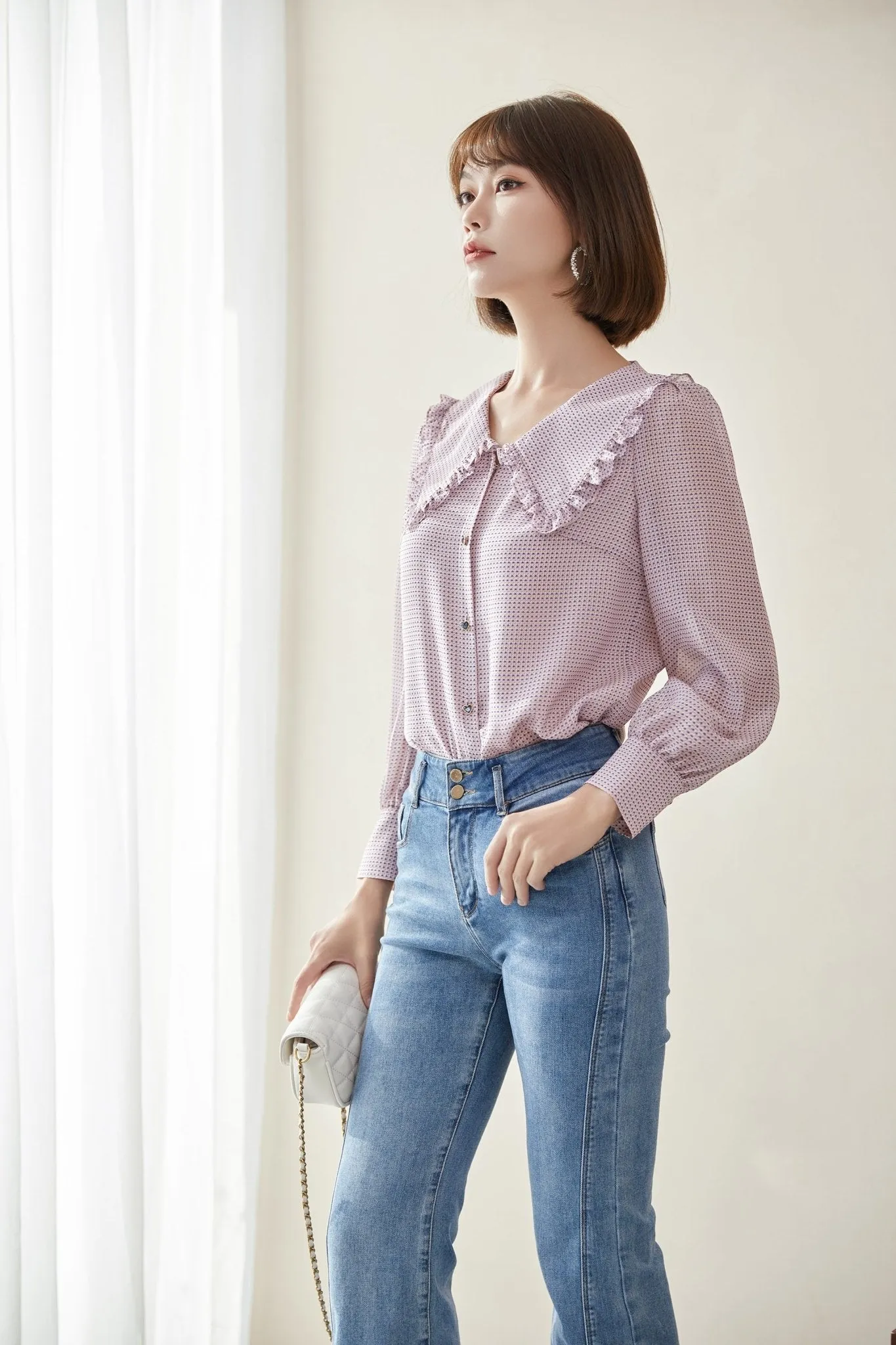 Pink Dotted Lapel Collar Shirt Blouse