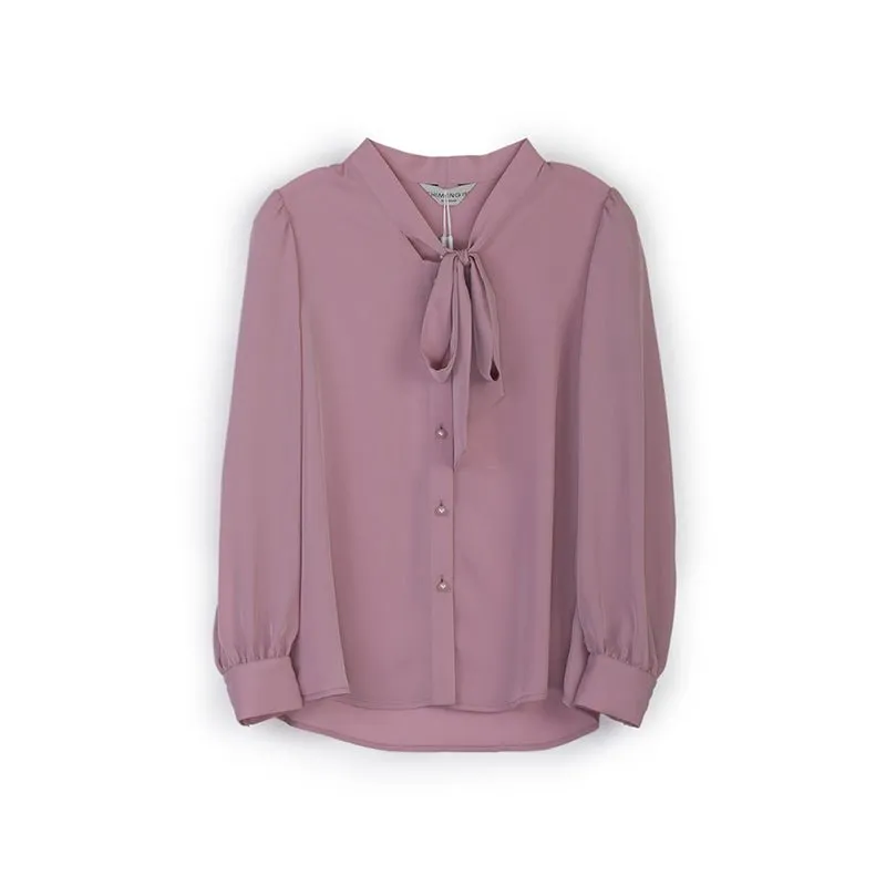 Pink V-neck Ribbon Long Sleeve Blouse Tops