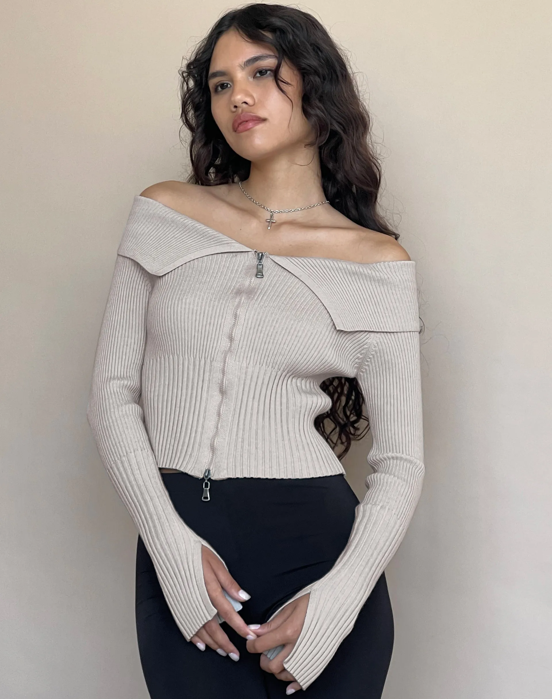 Radia Long Sleeve Off-Shoulder Zip Thru Jumper in Light Grey