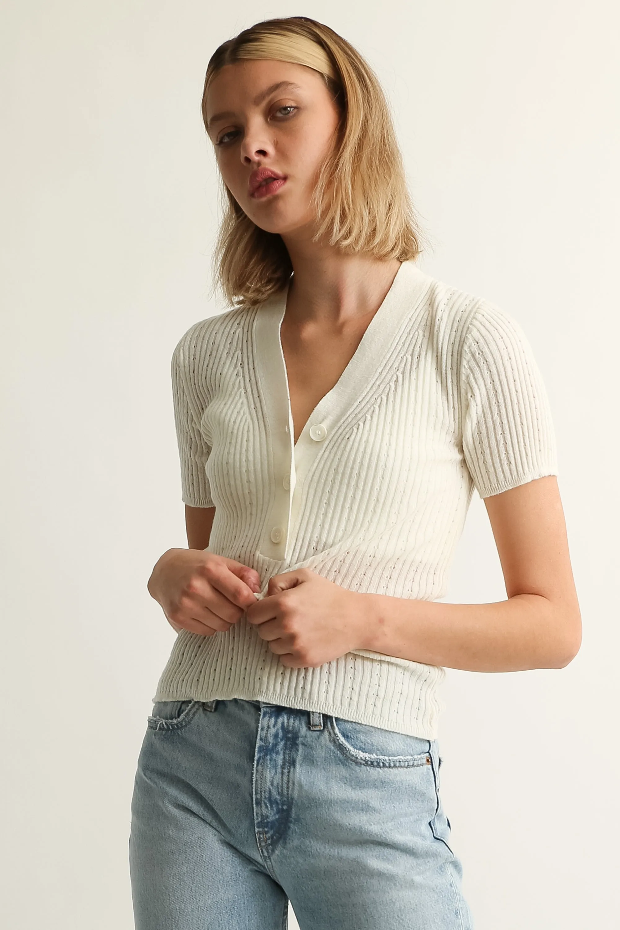 Short Sleeve V Neck Ribbed Knit