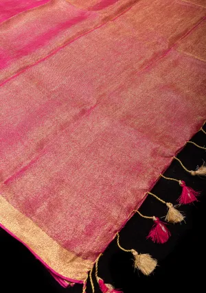 Tissue Linen Saree in Pink with  Minimal zari Border