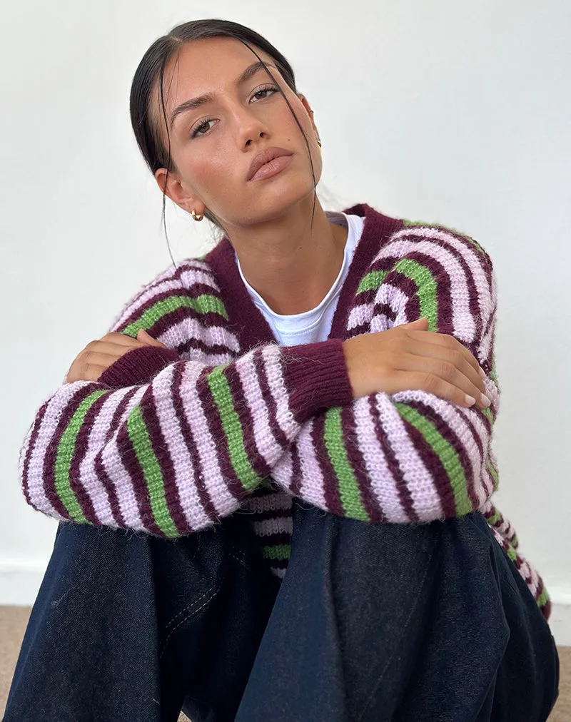 Uriela Cardigan in Green Pink and Burgundy Stripes