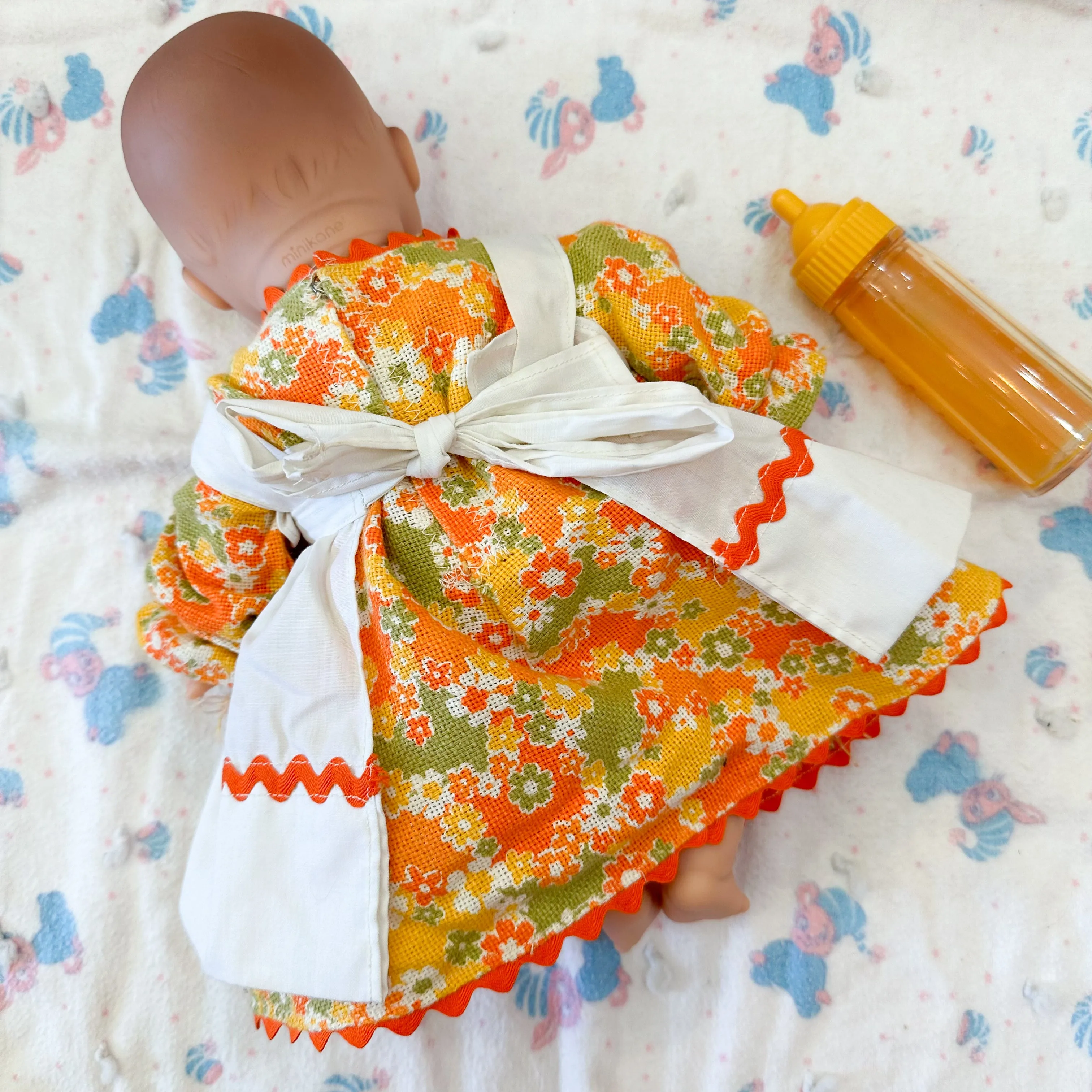 Vintage 1960s Orange Floral Doll Dress (fits Minikane Soft Bodied doll)